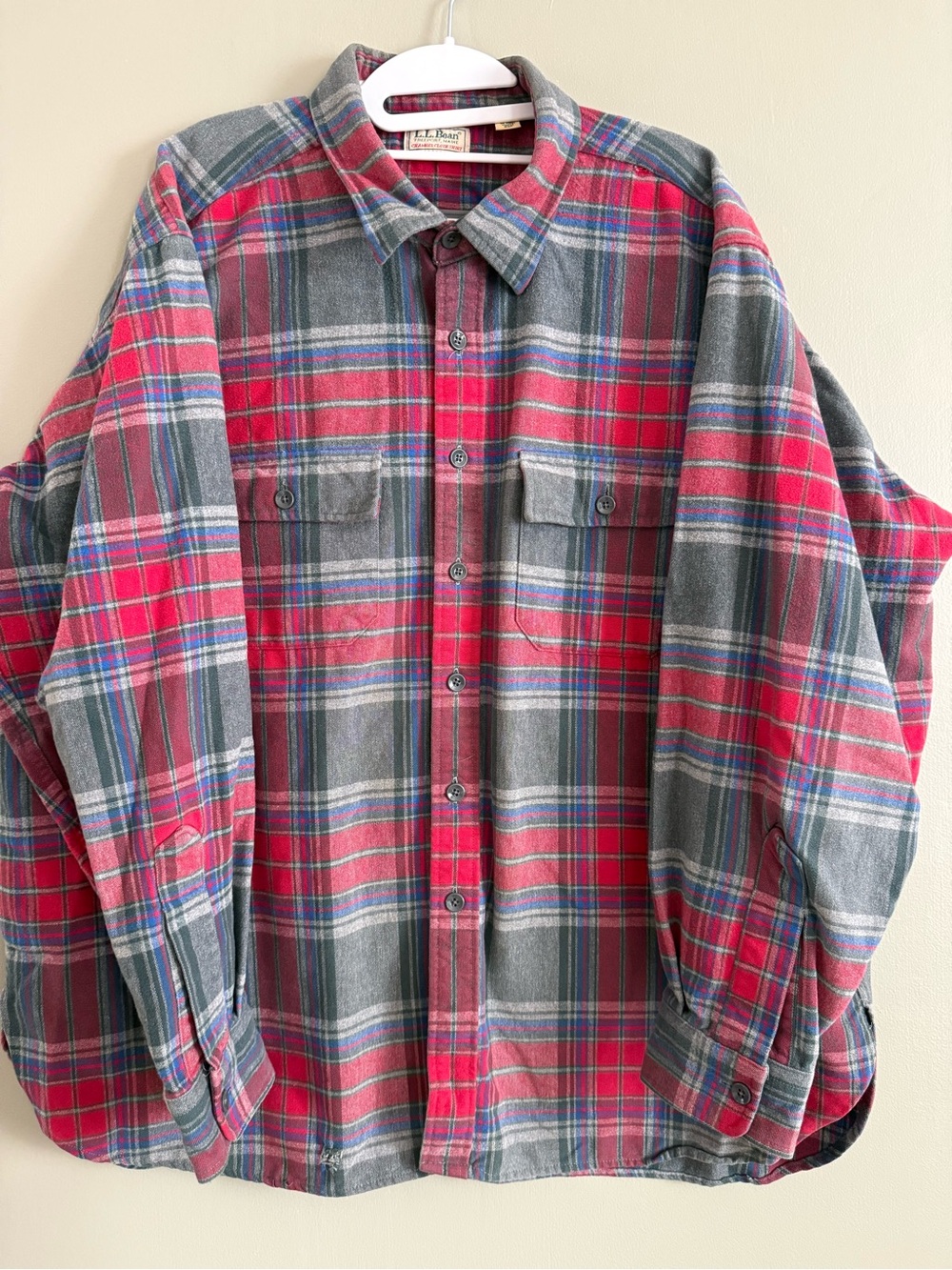 L.L.Bean Vintage Chamois Cloth Shirt XXL Red Gray Plaid Flannel Made in USA